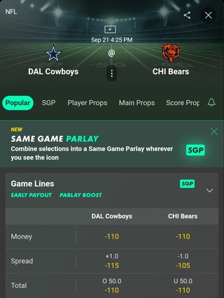 Bet365 Odds for Cowboys vs. Bears