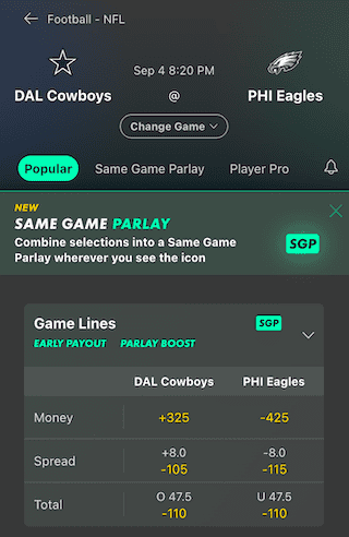 Bet365 odds for the Cowboys vs. Eagles Thursday Night Football game during NFL week 1