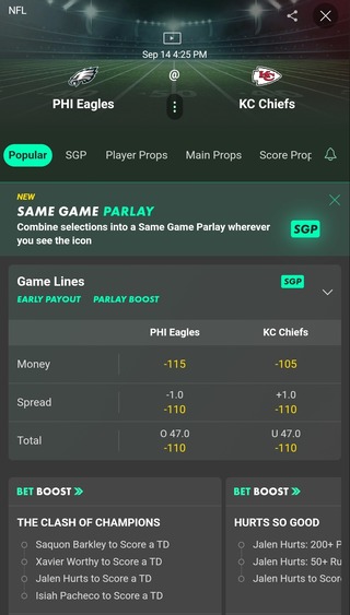 Bet365 Odds for Eagles vs. Chiefs