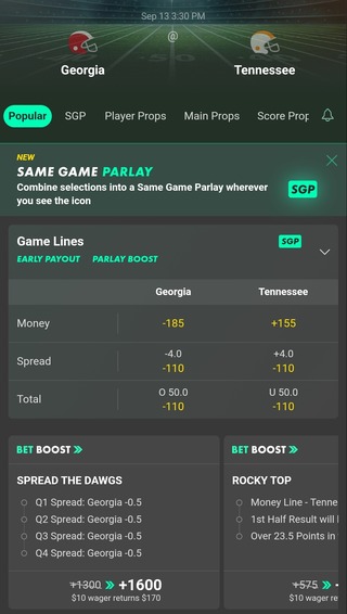 Bet365 Odds for Georgia vs. Tennessee