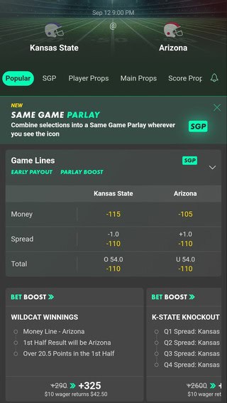 Bet365 Odds for Kansas State vs. Arizona