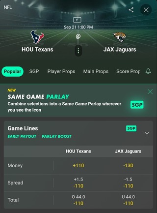 Bet365 Odds for Texans vs. Jaguars