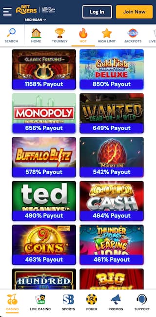 BetRivers online casino Michigan game library