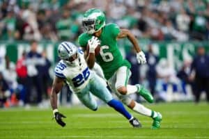 Philadelphia Eagles DeVonta Smith runs for yards after the catch against the Dallas Cowboys