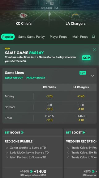 Kansas City Chiefs vs. LA Chargers NFL Week 1 line at Bet365