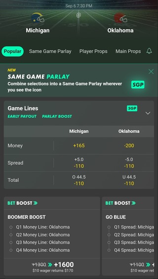 Michigan vs. Oklahoma odds at Bet365 Sportsbook