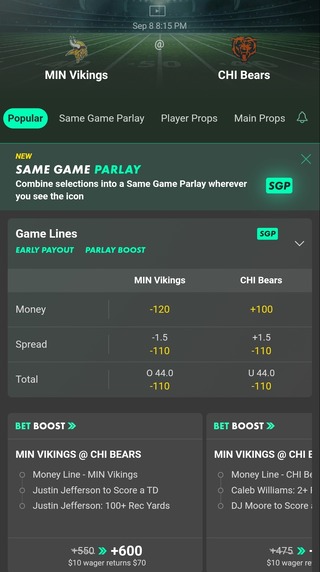 Odds for the Vikings vs. Bears Monday Night Football game at Bet365 Sportsbook