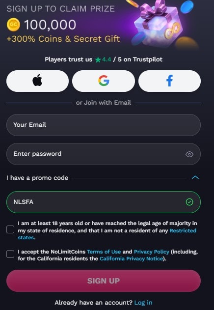 nolimitcoins sign up form with promo code NLSFA
