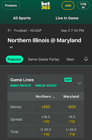 Bet365 odds for Northern Illinois vs. Maryland college football Week 2