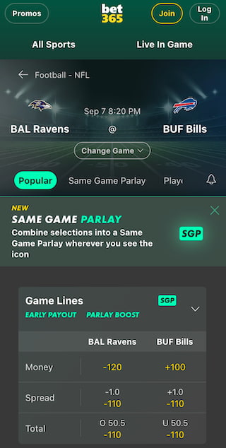 Bet365 odds for the Baltimore Ravens vs. Buffalo Bills NFL week 1 game