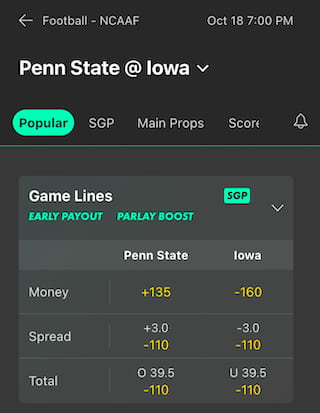 Bet365 odds for the Iowa vs. Penn State college football game
