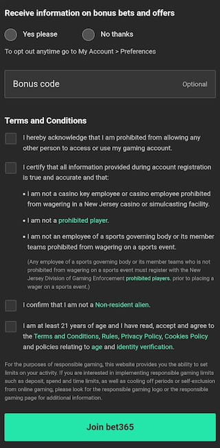 Bet365 Iowa sign up and bonus code field