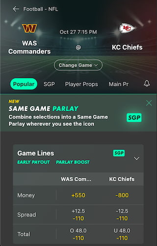 Bet365 Kansas odds for the Washington Commanders vs. Kansas City Chiefs