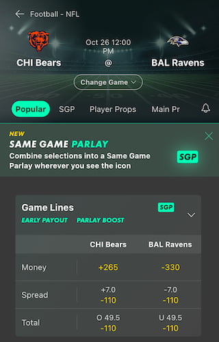 Bet365 Maryland odds for the Chicago Bears vs Baltimore Ravens