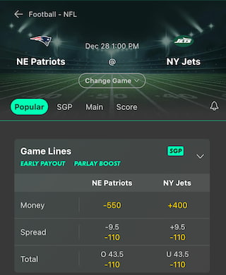 Bet365 New Jersey NFL bet example