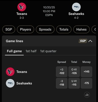 BetMGM Odds for Texans vs. Seahawks