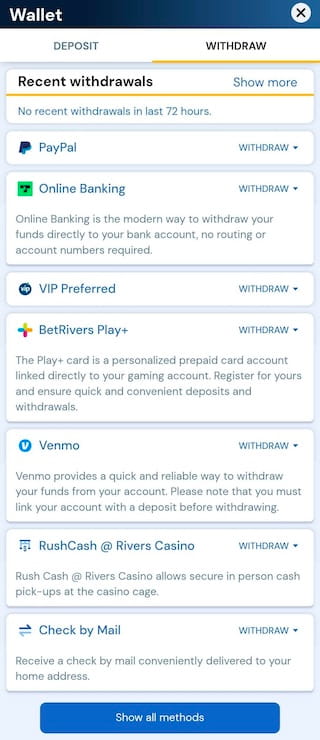 BetRivers payout options