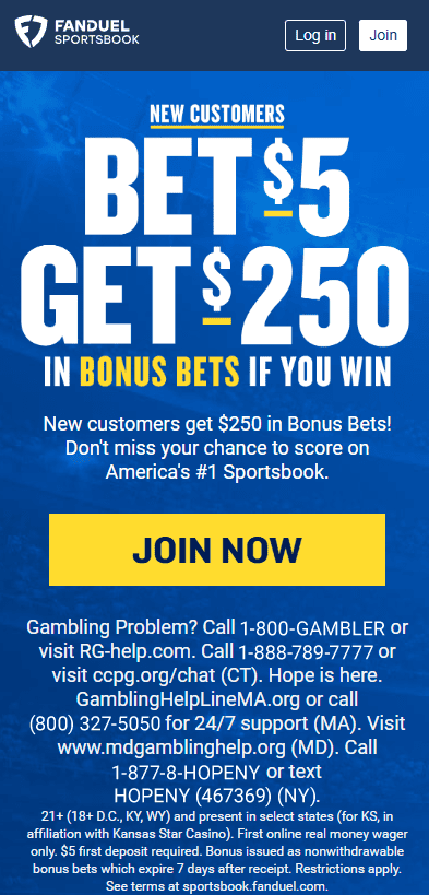 fanduel sports welcome offer: bet $5 get $250