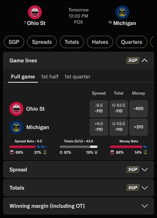 BetMGM Odds for Ohio State vs. Michigan
