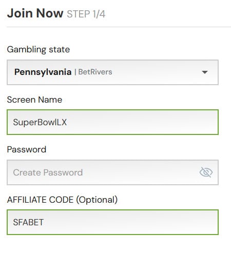 BetRivers sign up screen with affiliate code SFABET applied