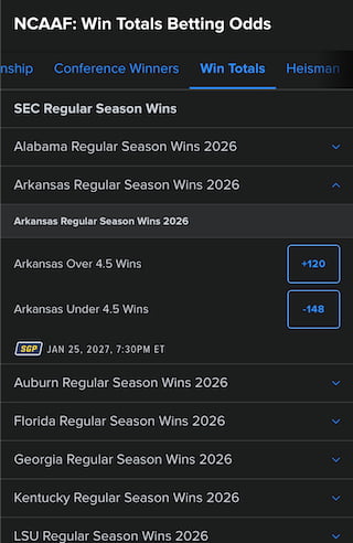 FanDuel Arkansas college football win total odds 