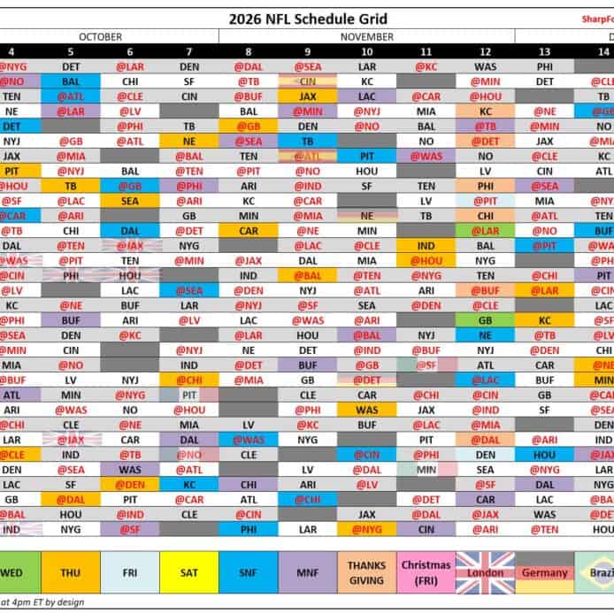Detailed 2026 NFL schedule grid with team matchups and dates.