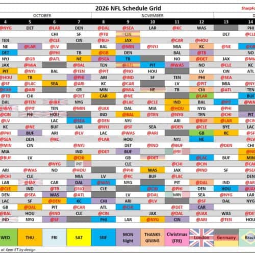 Detailed 2026 NFL schedule grid with team matchups and dates.