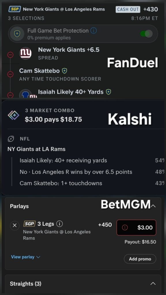 Parlay pricing testing comparison between Kalshi, FanDuel, and BetMGM